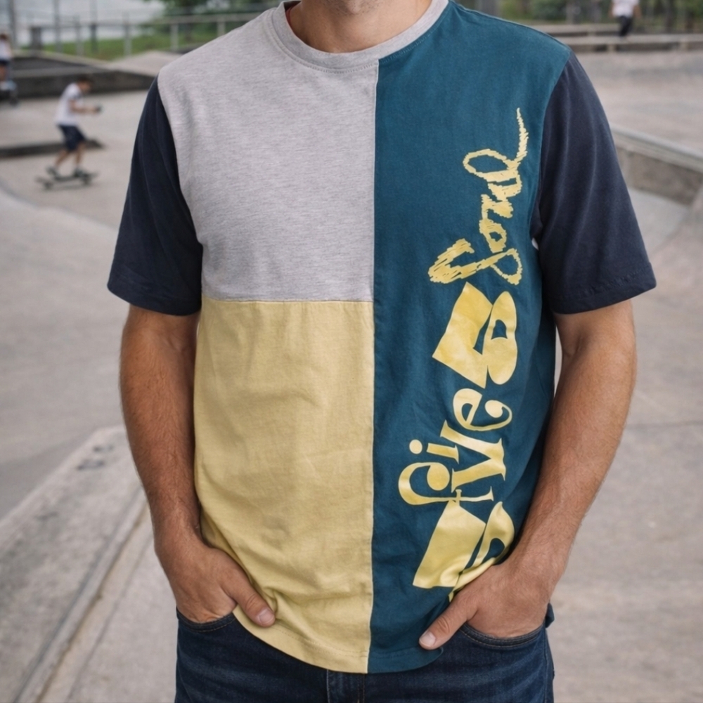 Y2K Triple Five Soul Colorblock T-Shirt, Patchwork Skate Graffiti, Large
